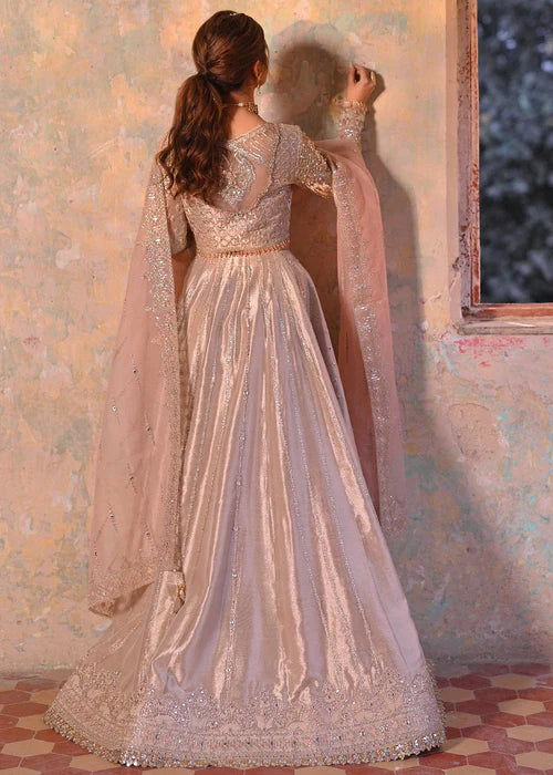 Qalamkar Beige Tissue Lehenga – Hand‑Embroidered 3‑Piece Bridal/Guest Wear Set - Size Large