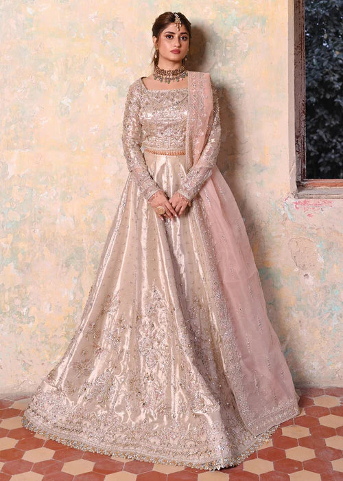 Qalamkar Beige Tissue Lehenga – Hand‑Embroidered 3‑Piece Bridal/Guest Wear Set - Size Large