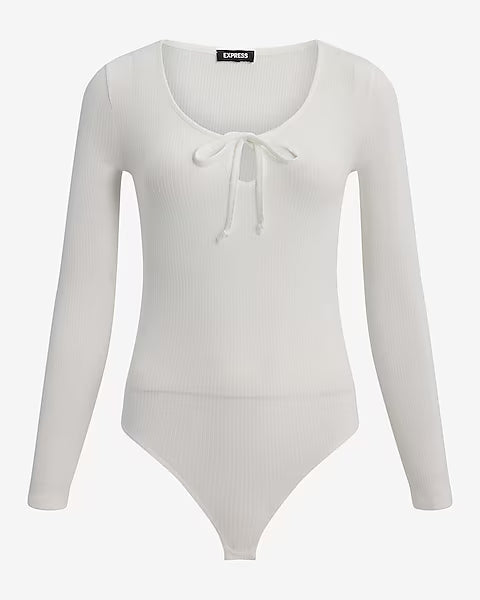 Fitted Ribbed Long Sleeve Tie Front Bodysuit Size: Small