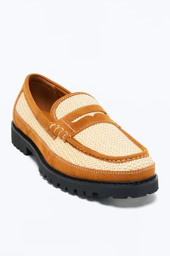 Woven Faux Suede Contrast Stitch Penny Loafer - Brown - Size 9