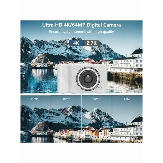 2025 4K Digital Camera - 3" FHD 1080P 64MP Vlogging Camera with Anti-Shake & 16X Zoom (32GB SD Card Included) - White