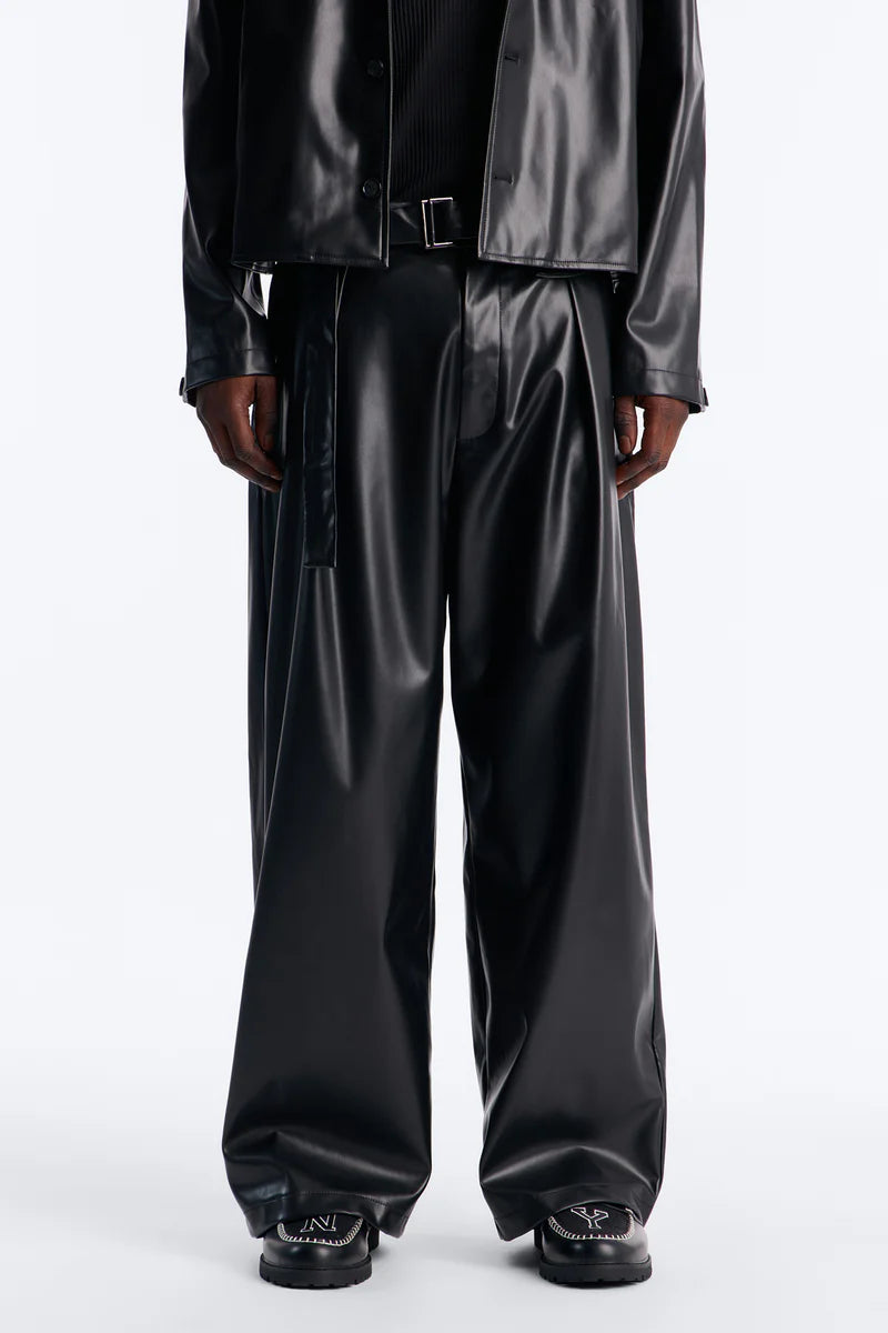 NOVA MEN Wide Leg Maverick Faux Leather Trouser - Black- 34