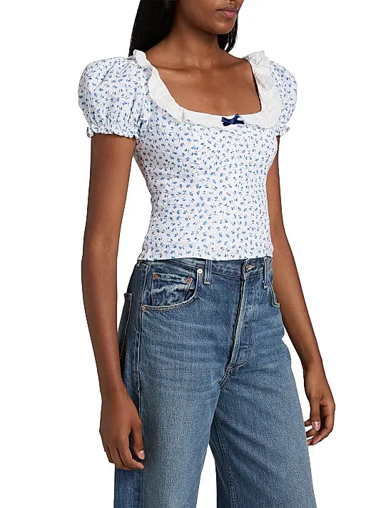 Reformation Alice Floral Puff-Sleeve Linen Top - Hanna - Size: 8