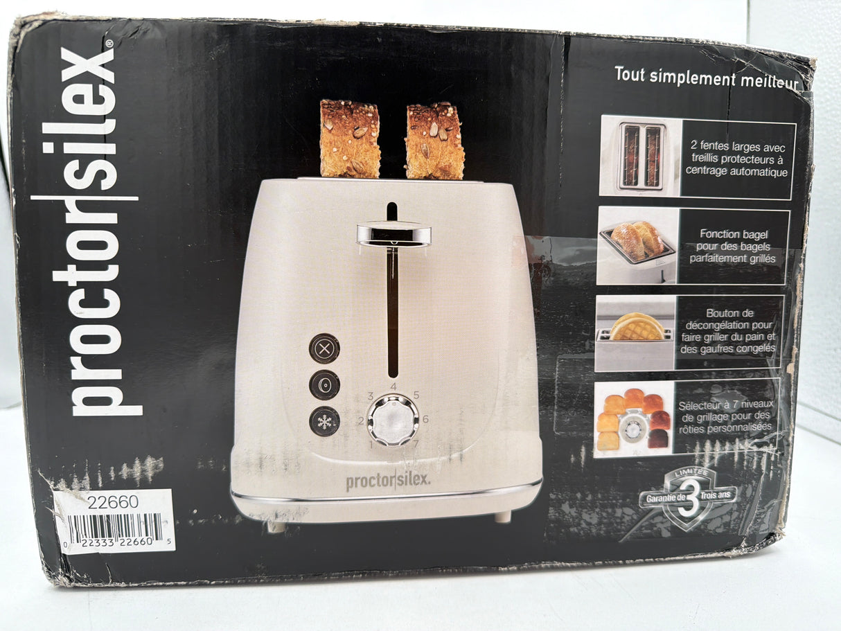 Proctor Silex Plastic 2 Slice Toaster, Bagel, Defrost & Cancel Buttons, Browning Control With 7 Shades, Auto Shutoff, Slide-Out Crumb Tray, Oat White (22660)