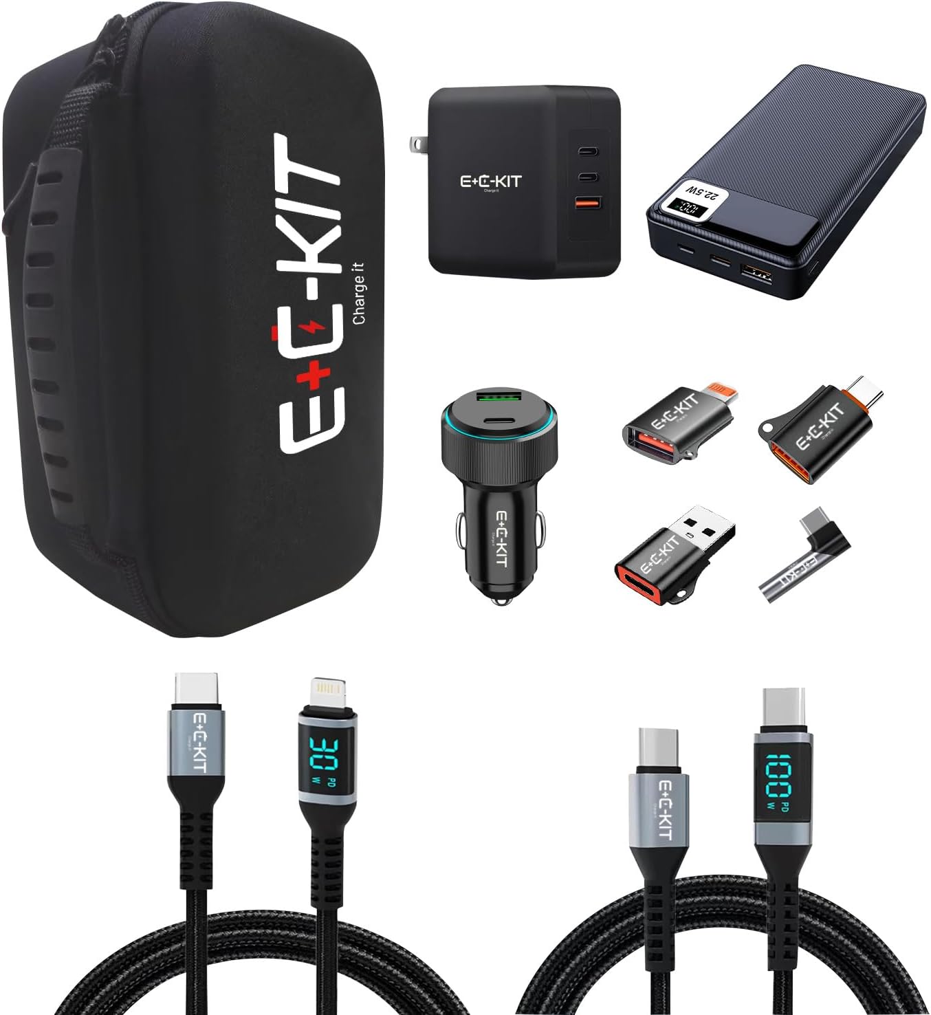 E C KIT Fast Charging Bundle Pack of 10 Products 100W GaN Quick Charger Power Bank Car Charger Charging Cables Adapter Set and Zipper Bag