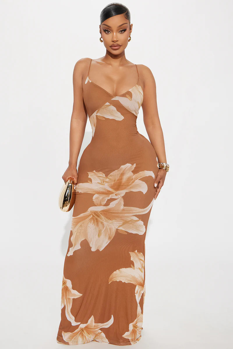 FASHION NOVA Kelly Floral Maxi Dress - Brown/combo- SMALL