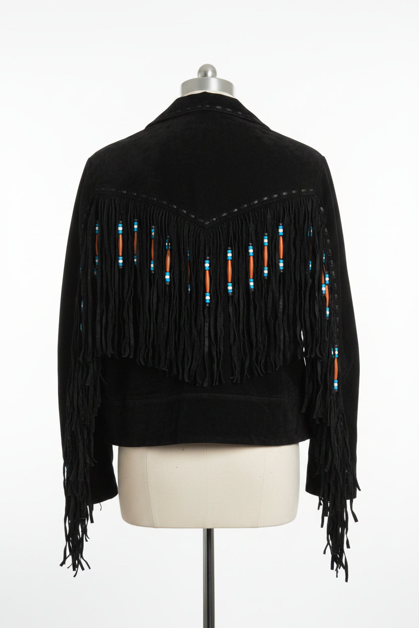 Genuine Leather Black Suede Fringe Beaded Jacket - Size L