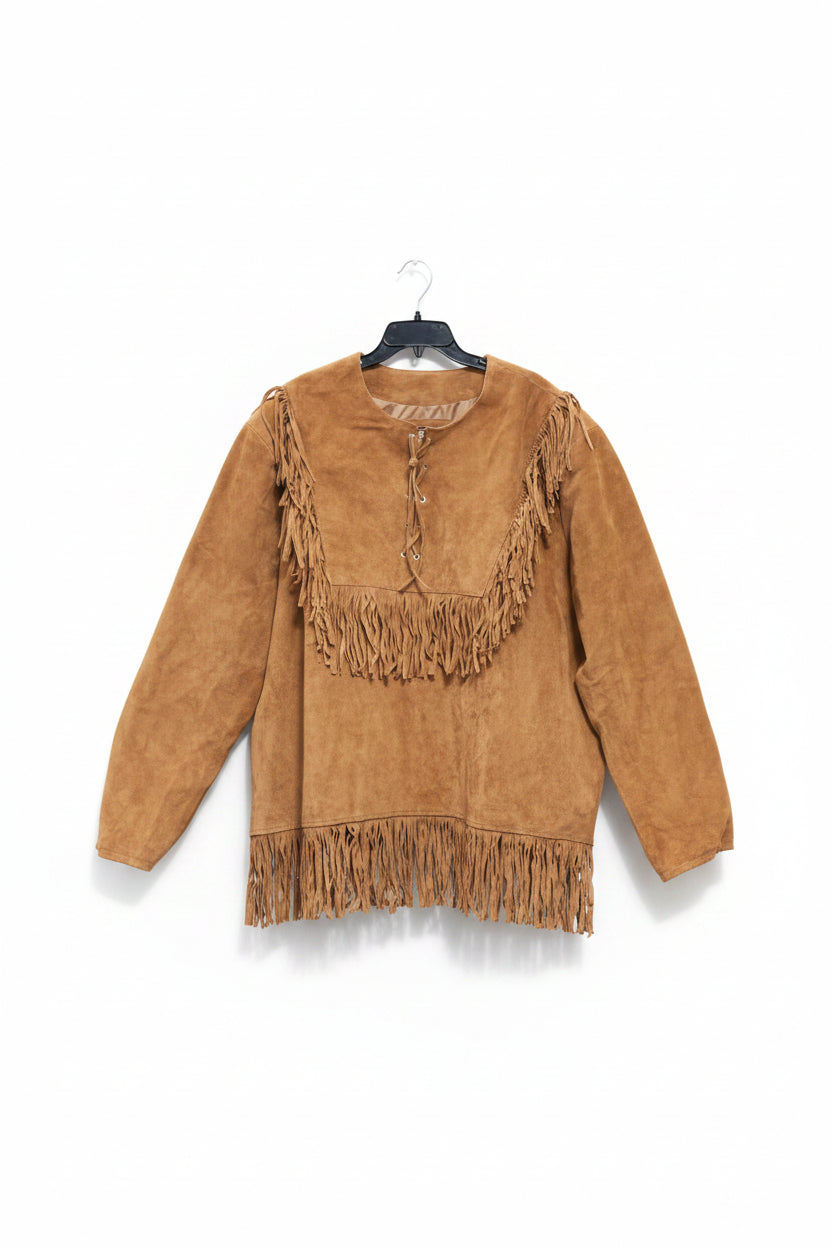 Men's Western Cognac Brown Suede Leather Mountain Man Fringed Shirt - 5XL