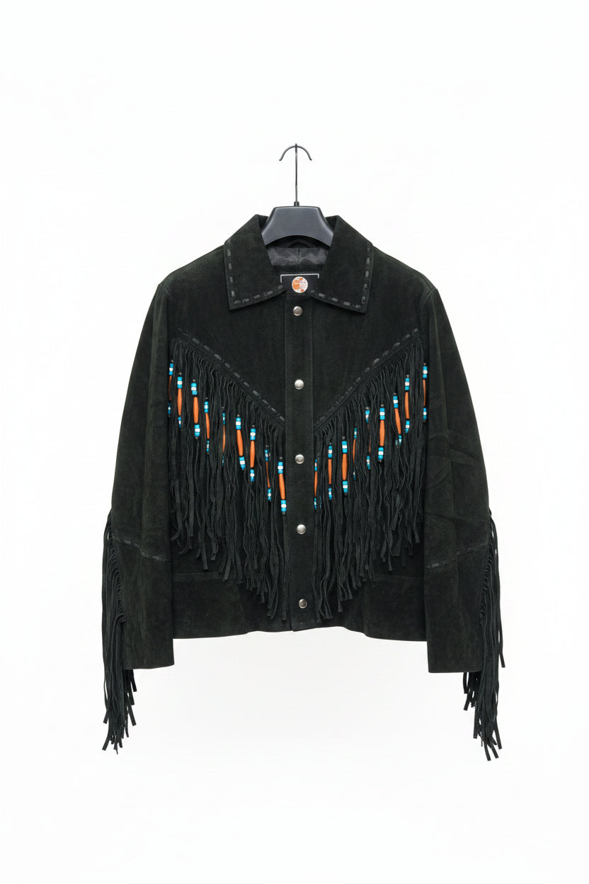 Genuine Leather Black Suede Fringe Beaded Jacket - Size L