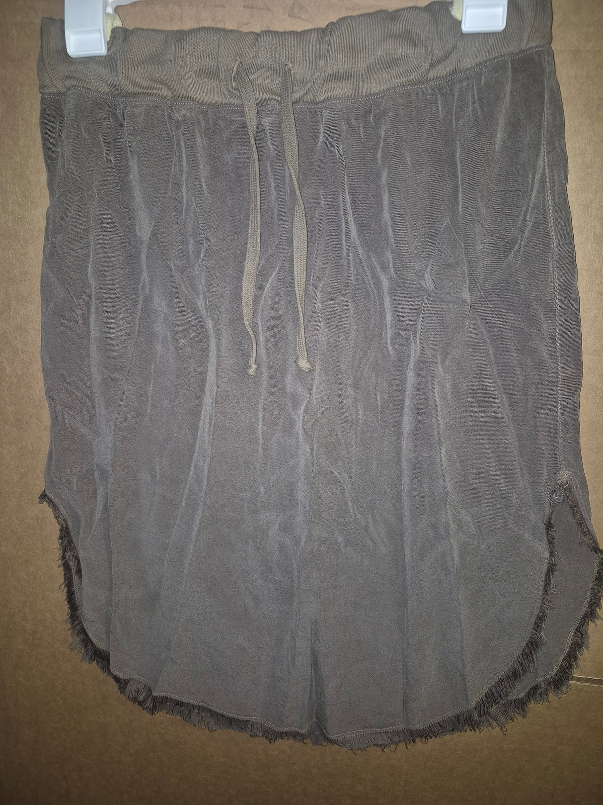 Maven West (S) Knee Length Skirt, Light Greenish Brown, Fringed Hem, Elastic Waist