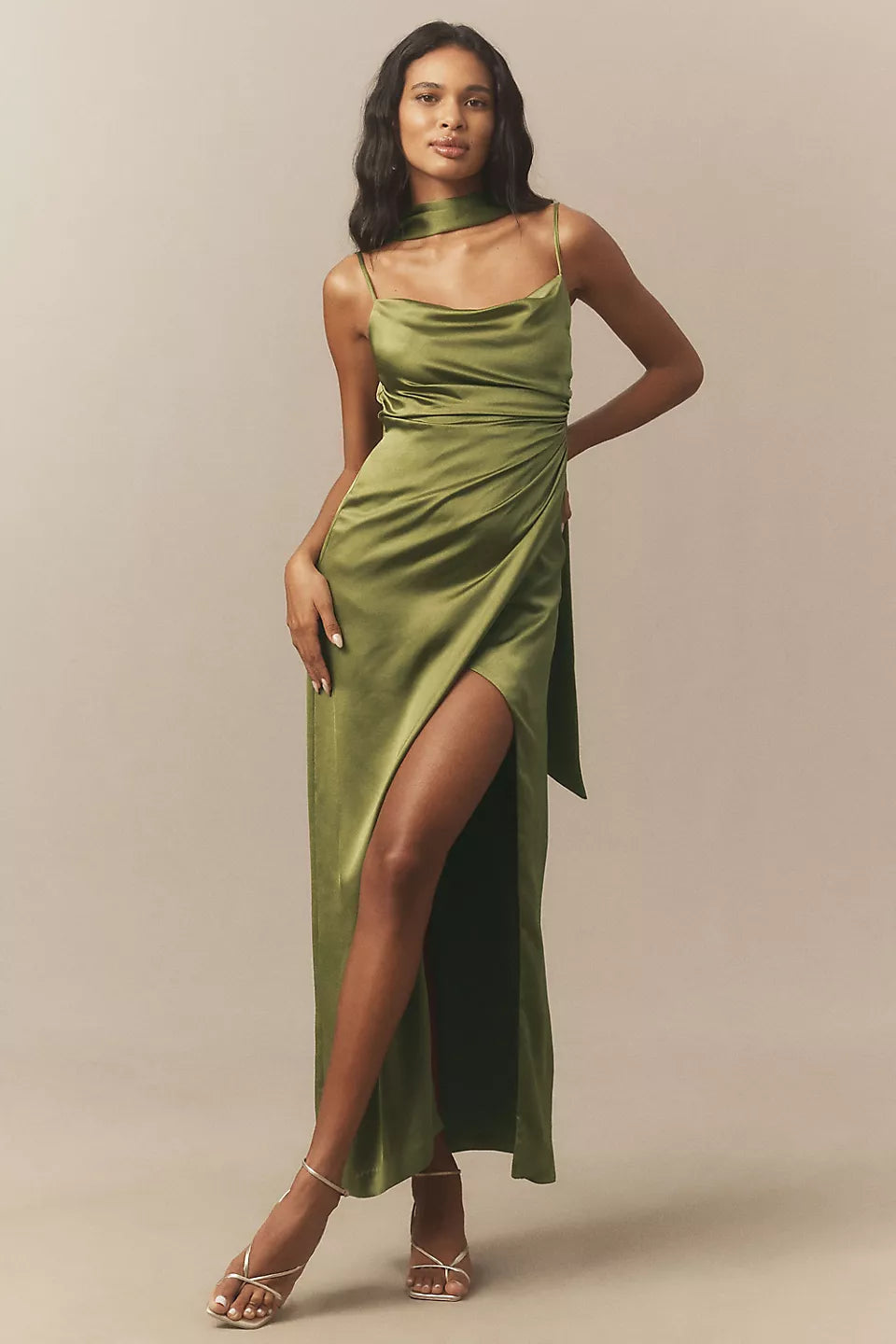 Anthropologie BHLDN Delaney Scoop-Neck Scarf High-Shine Satin Maxi Dress Size: M