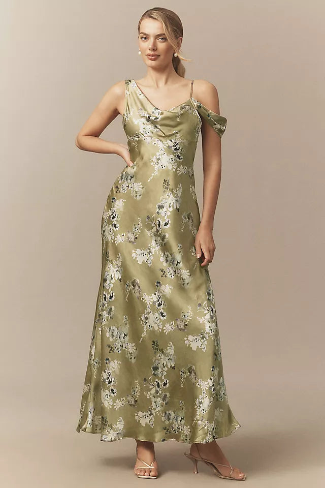 BHLDN Abigail Asymmetric Cowl-Neck High-Shine Satin Maxi Dress Size M