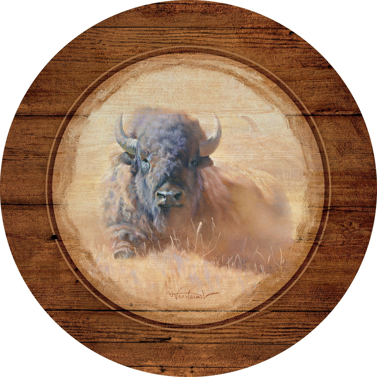Wild Wings Resting Bull-Bison - 12.5" Round Wood Sign