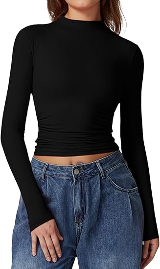 (MED) QINSEN Womens Mock Neck Long Sleeve Shirt (BLACK) Double Lined Basic Tees Side Ruched Going Out Crop Tops