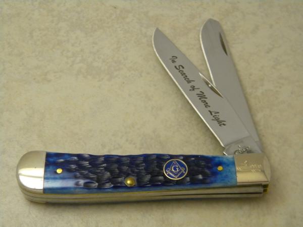 Case XX USA 2 Dot "In Search for More Light" Blue Bone Masonic Trapper Knife