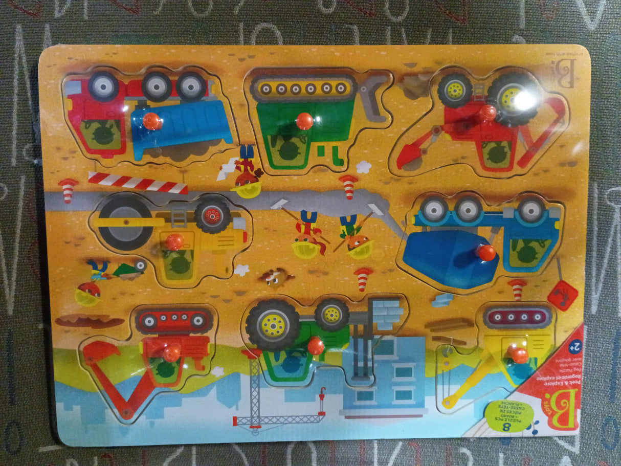 B. toys – Peek & Explore – Construction Trucks – Wooden Peg Puzzle – Truck Puzzle for Toddlers, Kids – 8 Construction Truck Pieces – Dump Truck, Cement Mixer, Excavator & More