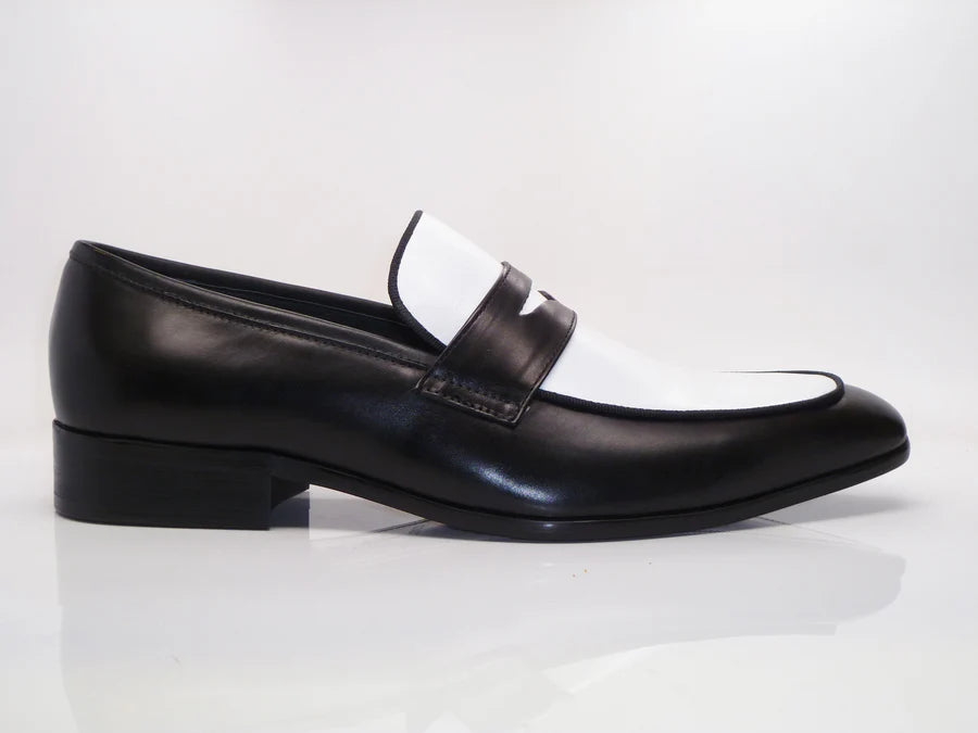 Calfskin Spectator Penny Loafer from the Carrucci Collection (Style: 2240-12T) - Black/White - Size 11