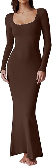 (XS) QINSEN Women's Ribbed Knit Long Sleeve Scoop Neck Maxi Dress (CHESTNUT) with Lace Details Bodycon Dress