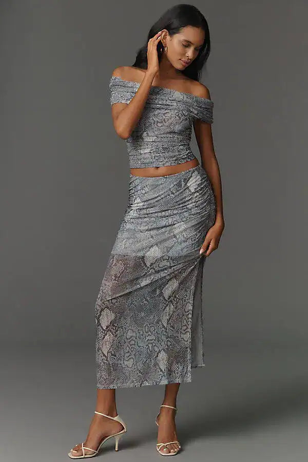 Maeve Mesh Ruched Maxi Skirt - Light Blue