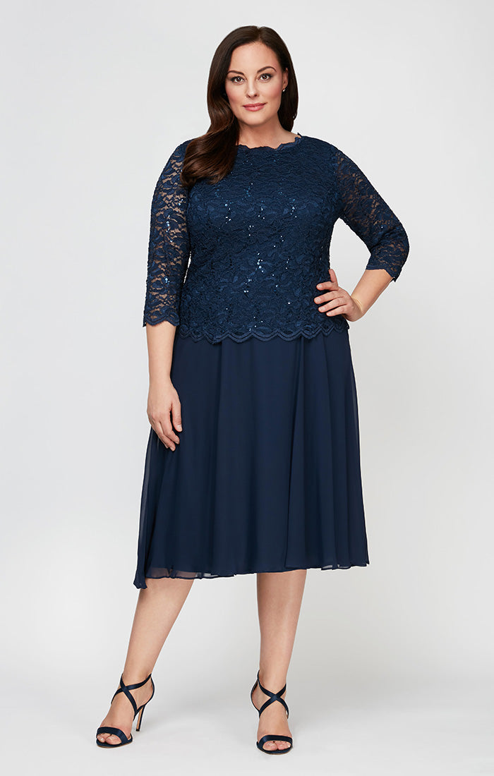 Alex Evenings Plus Tea-Length Dress with Sequin Lace Bodice & Chiffon Skirt Size: 20W
