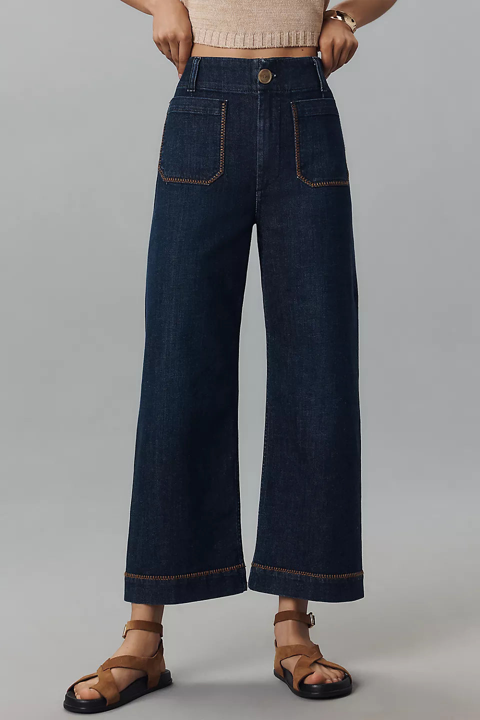 The Colette Whipstitch Crop Wide-Leg Jeans by Maeve - Citroen Wash - Size 26