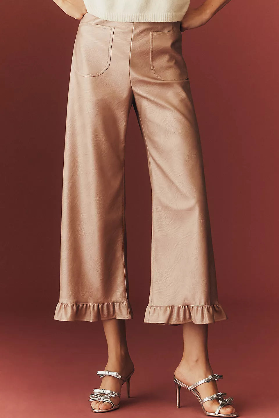 The Colette Crop Metallic Faux Leather Ruffle-Hem Pants by Maeve - Pink Metal - Size 30
