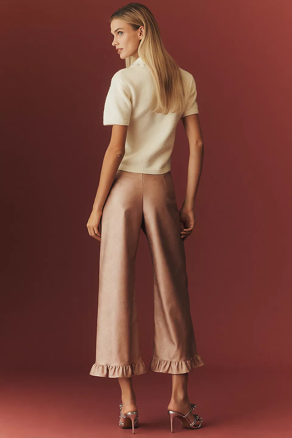 The Colette Crop Metallic Faux Leather Ruffle-Hem Pants by Maeve - Pink Metal - Size 30