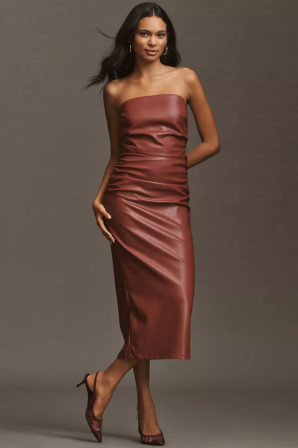 The Soleil Faux Leather Strapless Midi Dress Size: XS