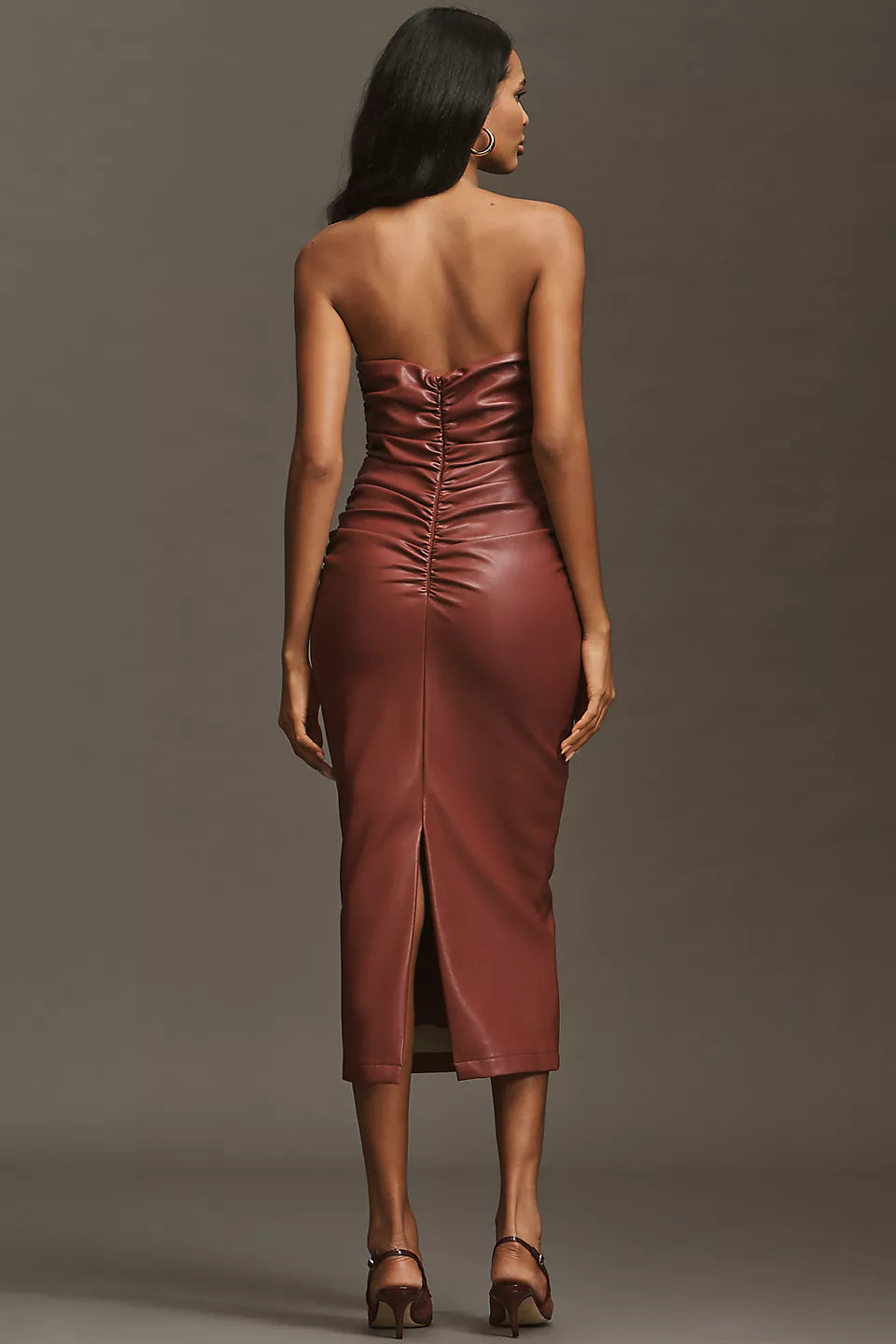 The Soleil Faux Leather Strapless Midi Dress Size: XS