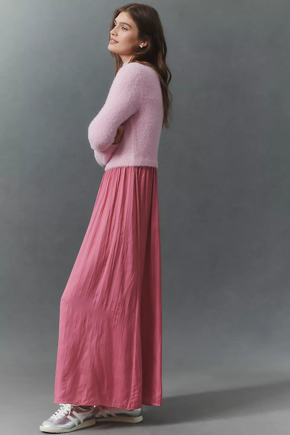 By Anthropologie (XS) The Thea Long-Sleeve Eyelash Twofer Sweater Dress-Pink