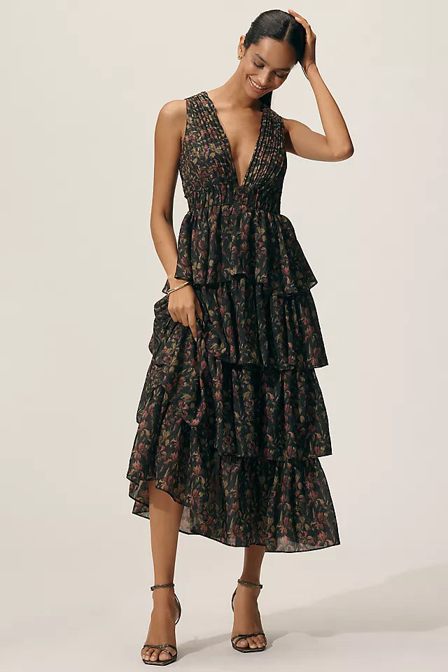 Endless Rose Sleeveless V-Neck Tiered Midi Dress Size M