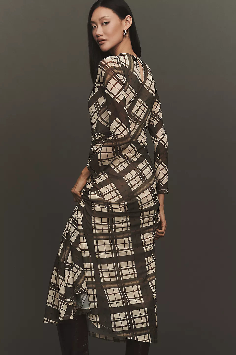 By Anthropologie Long-Sleeve Ruched Mesh Midi Dress Brown Plaid Size: L