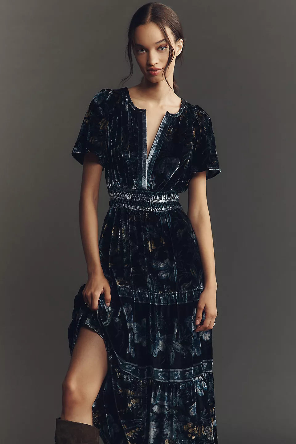 Anthropologie The Somerset Velvet Maxi Dress Dark Blue Size: S Petite