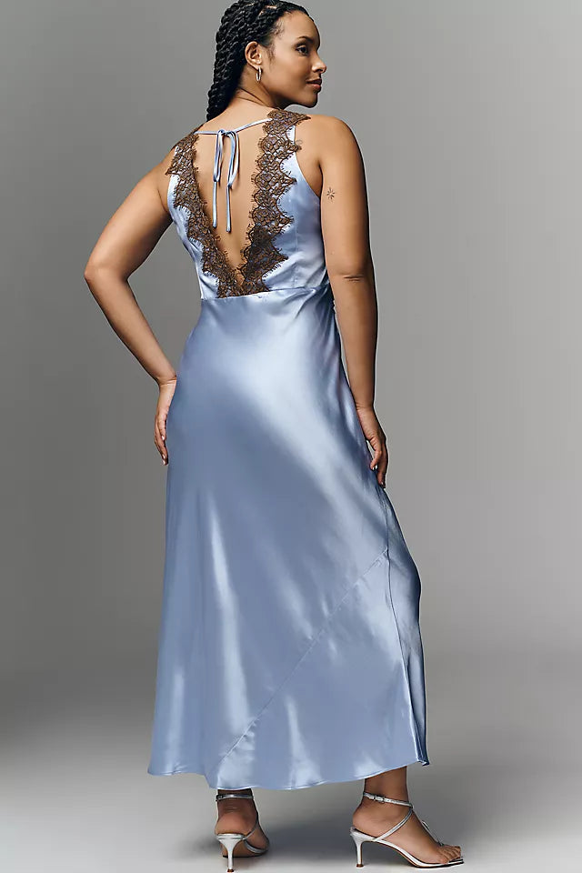 By Anthropologie Lace V-Neck Midi Slip Dress BLUE XL