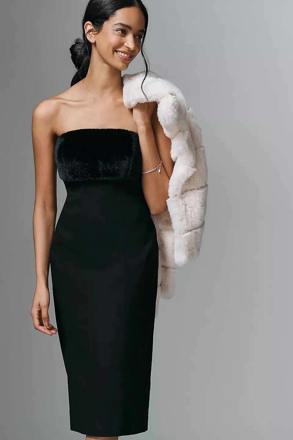 By Anthropologie Strapless Faux Fur Trim Slim Midi Dress Size: S Petite