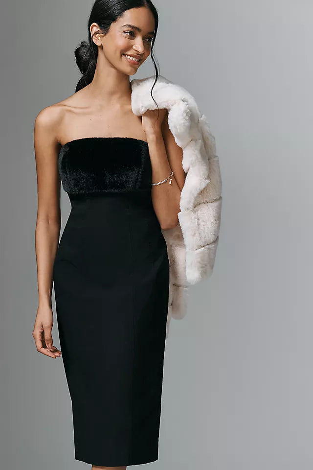 Anthropologie Strapless Faux Fur Trim Slim Midi Dress Size S