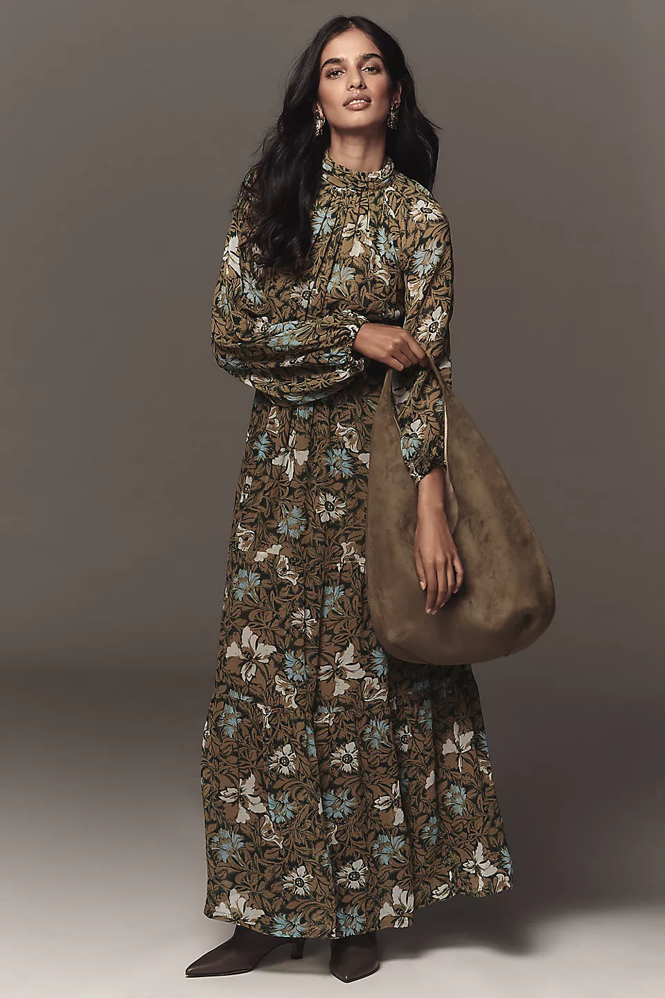 Anthropologie The Somerset Long-Sleeve Mock-Neck Chiffon Maxi Dress Green Floral Size: S Petite