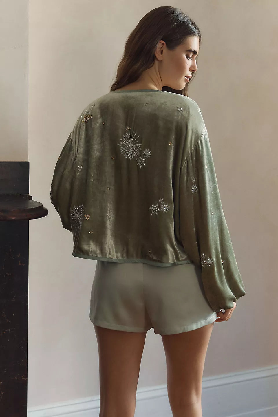 LyreBird Beaded Velvet Cropped Jacket by Anthropologie - Green - XS