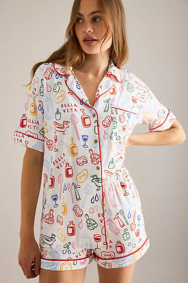 The Lyrebird Modaluxe Short Sleeve Pyjama Shirt by Anthropologie - Ivory Combo - Size L