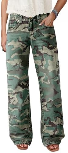 Flamingals Straight Leg Jeans for Women Mid Rise Casual Wash Floral Embroidery Denim Pants-LARGE
