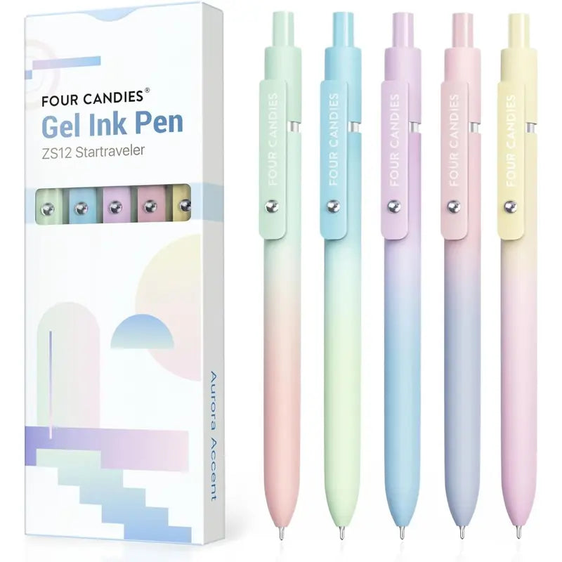 Four Candies Gel Pens - 5 Pcs 0.7mm Quick-Dry Black Ink Pens with Fine Point