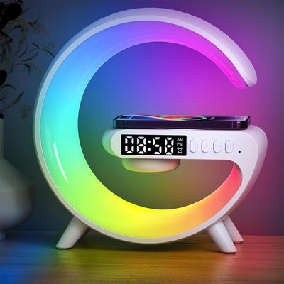 New Wireless Speaker Charger, Atmosphere Bedside Light with Wireless Charging Station,Music Lit Lamp 4 in 1 Alarm Clock & Bluetooth Speaker