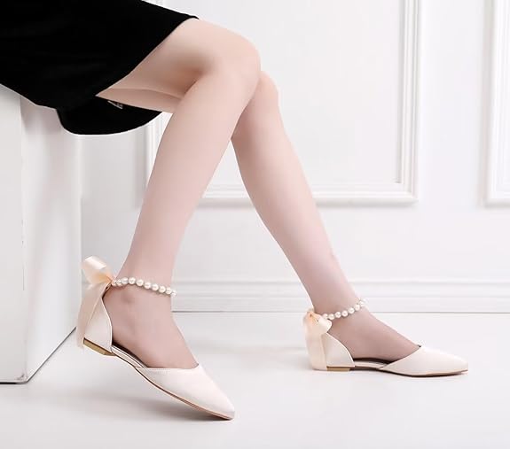 JOEupin Women Pointed Toe Pearl Wedding Flats Satin Flat Bridal Shoes for Bride Prom Evening Bridal Party Dress Flats Size: 5.5