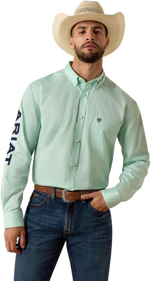 ARIAT Men's Team Logo Lightweight Twill Classic Fit Shirt in Dusty Aqua/Navy - SM
