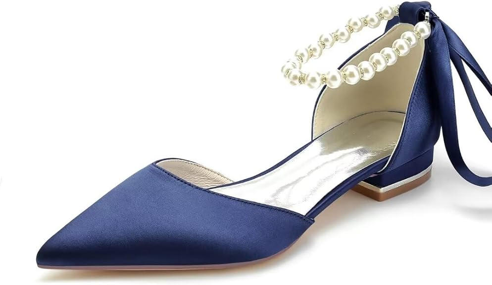 JOEupin Women Pointed Toe Pearl Wedding Flats Satin Flat Bridal Shoes for Bride Prom Evening Bridal Party Dress Flats Size: 8