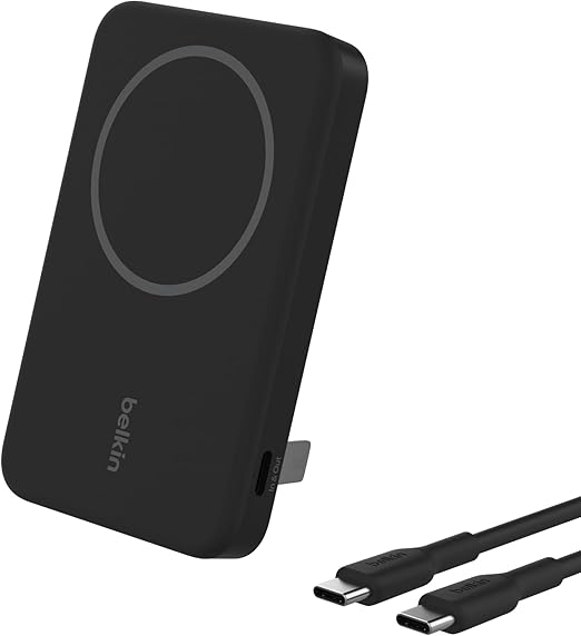 Belkin Portable Charger, Wireless Power Bank 15W 5000mAh w/ Qi2, MagSafe Charger + Built-in Pop-up Kickstand - Compatible w/iPhone 16, 15, 14, Plus, Pro, Max, Google Pixel 10, etc. - Black