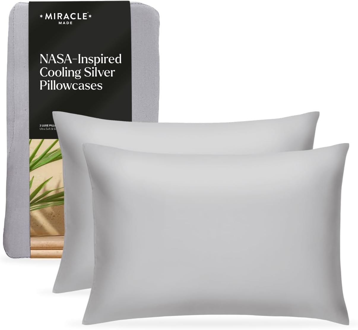 Miracle Made Luxe Soft Cooling Pillowcase, 2-Piece Silver-Infused Cotton Fabric, Cool and Breathable Case for Sensitive Skin, King/Cali King Size Covers, Silver Grey