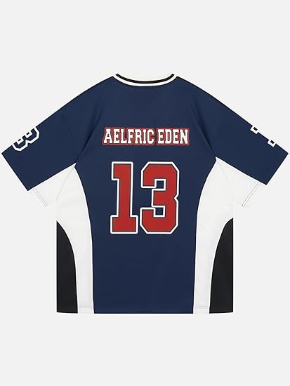 Aelfric Eden Oversized Color Blocking V-Neck Jersey Shirt - Navy Blue - Medium