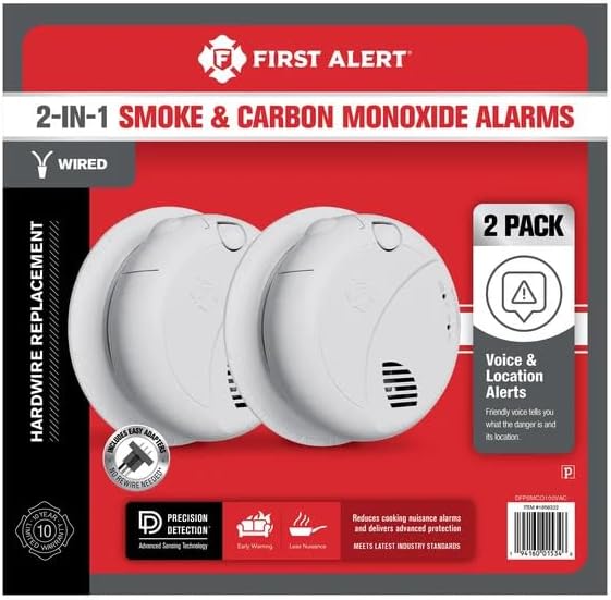 First Alert Combination Smoke & Carbon Monoxide Alarm, Interconnect Hardwire Detector with Battery Backup and Voice & Location Alerts, SMCO100V-AC, 2-Pack (2-Pack)