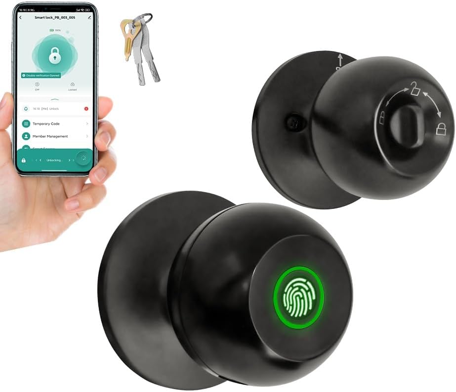 Smart Fingerprint Door Lock for Bedroom, Keyless Entry Door Knob with Handle, Biometric Front Door Lock with App & Backup Keys (Black)